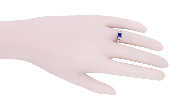 Vintage Inspired Loving Hearts Square Princess Cut Blue Sapphire Carved Art Deco Engagement Ring in 18 Karat White Gold - Item: R459WS - Image: 7