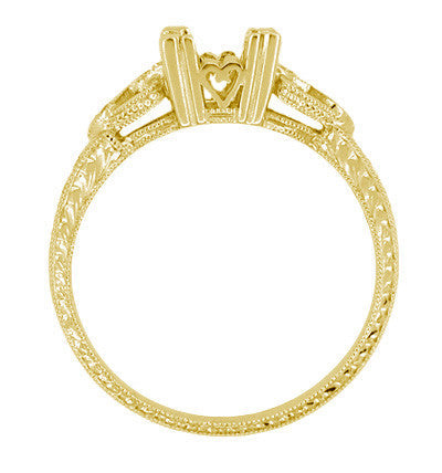 Side of Yellow Gold 1/2 Ct Fishtail Vintage Ring Setting with Filigree Hearts on Sides and Hand Carved Wheat - R459Y50