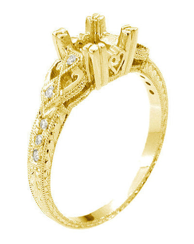 Yellow Gold Filigree Engraved Loving Hearts Antique Style Engagement Ring Setting for a 1/2 Carat Square or Round Diamond - alternate view