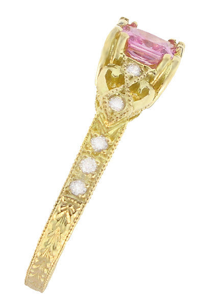 Art Deco Loving Hearts Antique Style Princess Cut Pink Sapphire Engraved Engagement Ring in 18 Karat Yellow Gold - Item: R459YPS - Image: 3