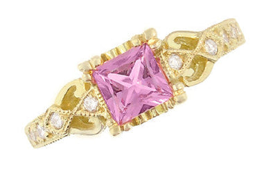 Art Deco Loving Hearts Antique Style Princess Cut Pink Sapphire Engraved Engagement Ring in 18 Karat Yellow Gold - alternate view