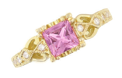 Art Deco Loving Hearts Antique Style Princess Cut Pink Sapphire Engraved Engagement Ring in 18 Karat Yellow Gold - Item: R459YPS - Image: 2