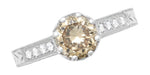Art Deco Crown 1 Carat Champagne Diamond Engagement Ring in 18 Karat White Gold