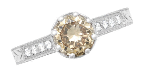Art Deco Crown 1 Carat Champagne Diamond Engagement Ring in 18 Karat White Gold - Item: R460CD - Image: 3