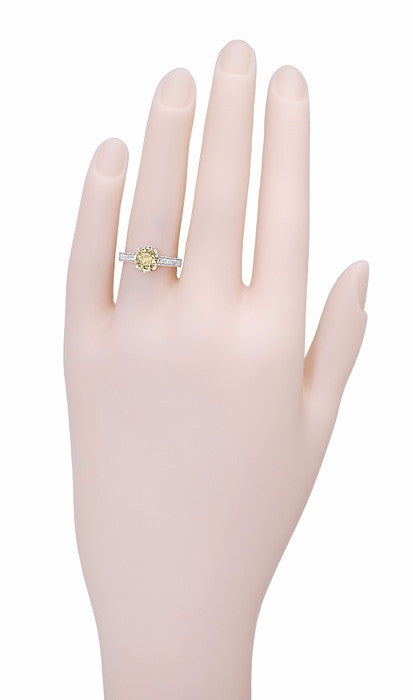 Art Deco Crown 1 Carat Champagne Diamond Engagement Ring in 18 Karat White Gold - Item: R460CD - Image: 5