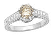 Art Deco Crown 1 Carat Champagne Diamond Engagement Ring in 18 Karat White Gold