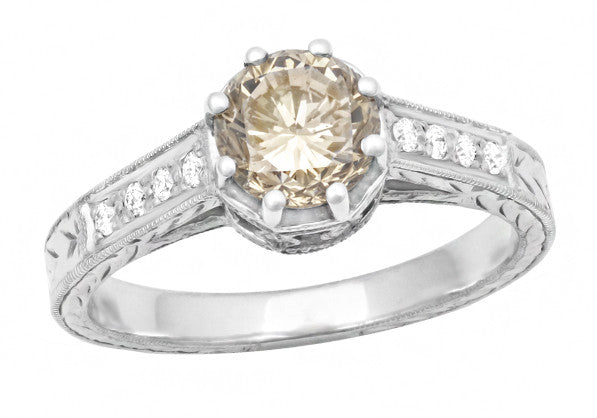 Art Deco Crown 1 Carat Champagne Diamond Engagement Ring in 18 Karat White Gold - Item: R460CD - Image: 2