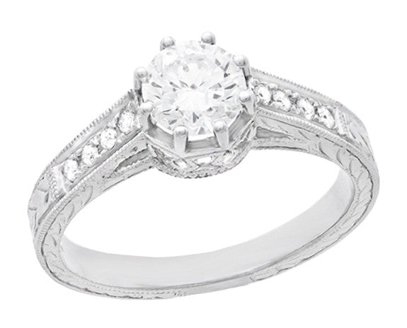 Royal Crown 1/2 Carat Natural Diamond Antique Style Engraved Engagement Ring in 18 Karat White Gold - Item: R460D - Image: 2