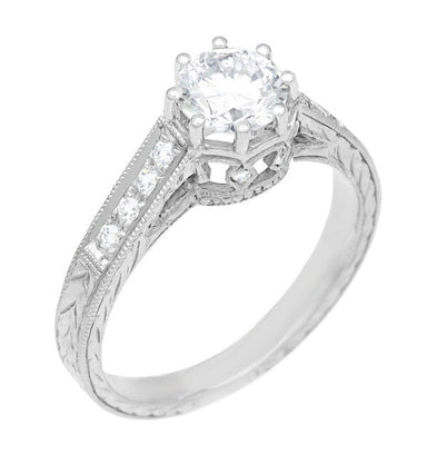 Royal Crown 1/2 Carat Natural Diamond Antique Style Engraved Engagement Ring in 18 Karat White Gold