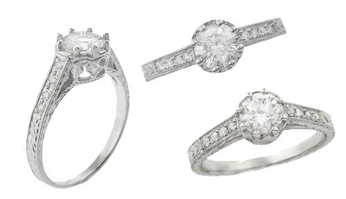 Royal Crown 3/4 Carat Engraved Art Deco Vintage Inspired Platinum Engagement Ring Setting - Item: R460P-LC - Image: 3