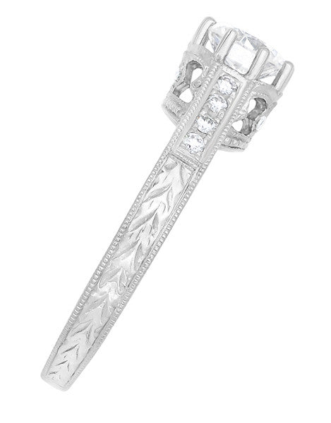 Royal Crown 1/2 Carat Antique Style Engraved Engagement Ring in Platinum - Item: R460PD - Image: 3