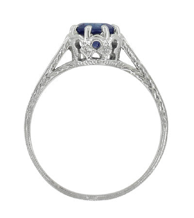 Art Deco Royal Crown 1 Carat Blue Sapphire Engraved Platinum Engagement Ring with Side Diamonds - Item: R460PS - Image: 5