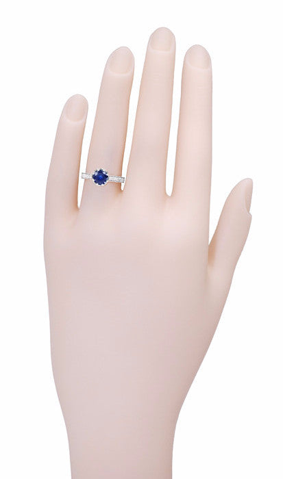 Art Deco Royal Crown 1 Carat Blue Sapphire Engraved Platinum Engagement Ring with Side Diamonds - Item: R460PS - Image: 6