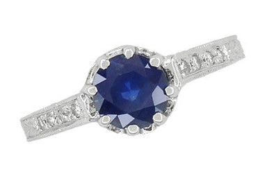 Art Deco Royal Crown 1 Carat Blue Sapphire Engraved Platinum Engagement Ring with Side Diamonds - alternate view