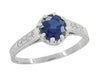Art Deco Royal Crown 1 Carat Blue Sapphire Engraved Platinum Engagement Ring with Side Diamonds