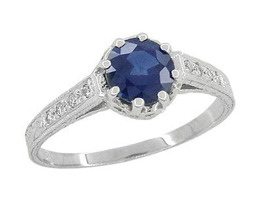 Art Deco Royal Crown 1 Carat Blue Sapphire Engraved Platinum Engagement Ring with Side Diamonds