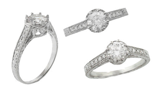 Royal Crown 1/2 Carat Antique Style Engraved Engagement Ring Setting in 14K or 18K White Gold | 5.5mm Round Ring Mount - Item: R460W14K50-LC - Image: 3
