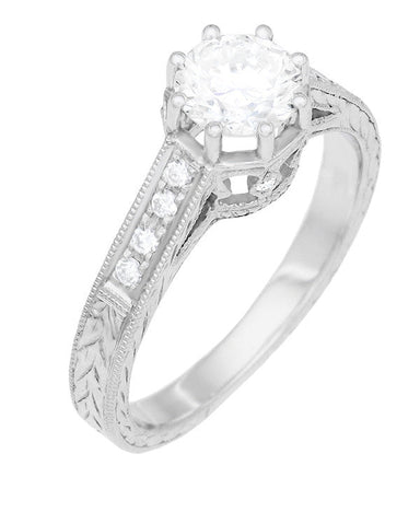 Art Deco 3/4 Carat Antique Style Engraved Crown Engagement Ring in 18 Karat White Gold - alternate view