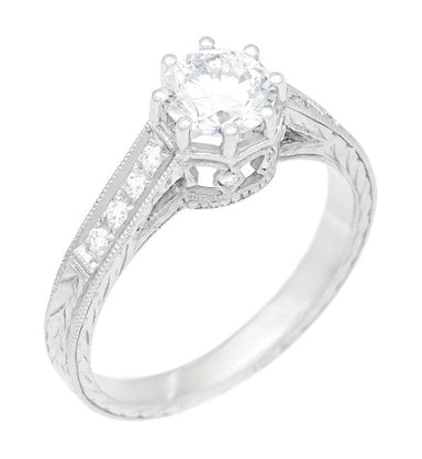 Art Deco 3/4 Carat Antique Style Engraved Crown Engagement Ring in 18 Karat White Gold