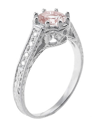 Art Deco Royal Crown Antique Style 1 Carat Morganite Engraved Engagement Ring in 18 Karat White Gold - alternate view