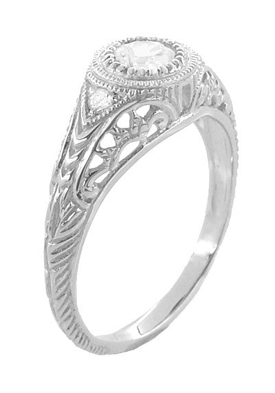 Side Carving and Filigree Low Dome Art Deco Antique Diamond Engagement Ring in 14K White Gold - R464