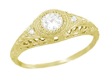 1920's Art Deco Engraved Filigree Yellow Gold 1/3 Carat Diamond Engagement Ring