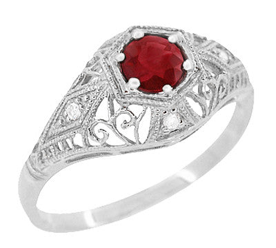 Edwardian Ruby and Diamonds Scroll Dome Filigree Engagement Ring in 14 Karat White Gold