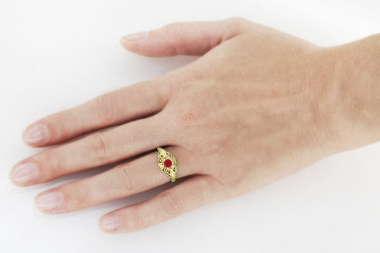 Edwardian Yellow Gold Scroll Dome Filigree Ruby Engagement Ring with Side Diamonds - Item: R471Y - Image: 5