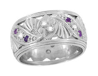 Retro Moderne Filigree Amethyst and Diamond 9.5mm Wide Wedding Ring in 14K White Gold - Size 6