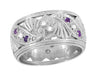 Retro Moderne Filigree Amethyst and Diamond 9.5mm Wide Wedding Ring in 14K White Gold - Size 6