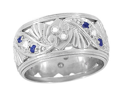Retro Filigree Sapphire and Diamond 9.5mm Wide Wedding Ring in 14 Karat White Gold