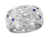 Retro Filigree Sapphire and Diamond 9.5mm Wide Wedding Ring in 14 Karat White Gold