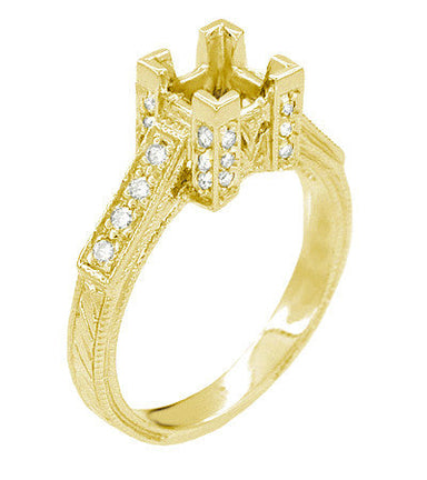Art Deco 1 to 1.30 Carat Princess Cut Diamond Yellow Gold Castle Engagement Ring Setting - 14K or 18K - alternate view