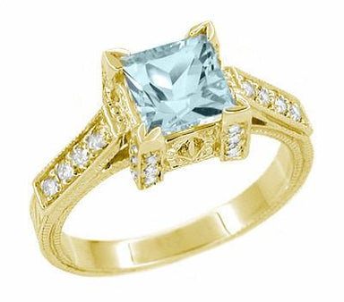Antique Yellow Gold Square Aquamarine Engagement Ring - R496YA