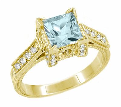 Antique Yellow Gold Square Aquamarine Engagement Ring - R496YA