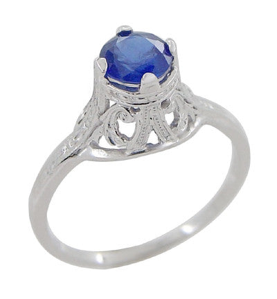 Filigree Regal Scrolls "High-Set" Art Deco Blue Sapphire Engagement Ring in Platinum