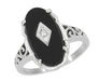 Art Deco Filigree Onyx and Diamond Antique Statement Ring in 14 Karat White Gold