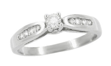 Solitaire Vintage Engagement Ring with Channel Set Diamond Shoulders in 10 Karat White Gold