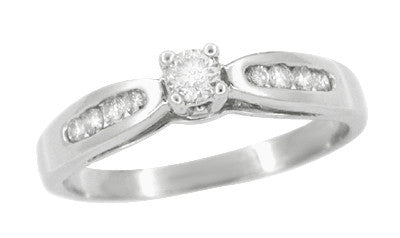 Solitaire Vintage Engagement Ring with Channel Set Diamond Shoulders in 10 Karat White Gold