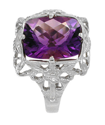 Art Deco Filigree Checkerboard Amethyst Ring in 14 Karat White Gold - alternate view