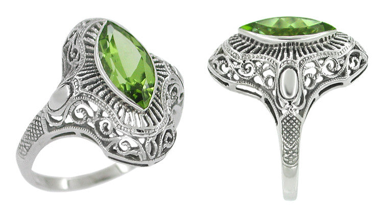 Art Deco Peridot Filigree Cocktail Ring in 14 Karat White Gold - Item: R611 - Image: 2