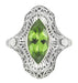 Art Deco Peridot Filigree Cocktail Ring in 14 Karat White Gold