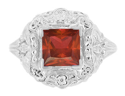 Art Nouveau Square Garnet Ring in 14K White Gold - 1910 Vintage Design - Item: R615WG - Image: 3