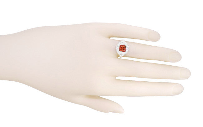 Art Nouveau Square Garnet Ring in 14K White Gold - 1910 Vintage Design - Item: R615WG - Image: 6