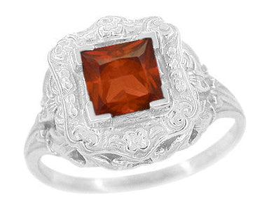 Art Nouveau Square Garnet Ring in 14K White Gold - 1910 Vintage Design