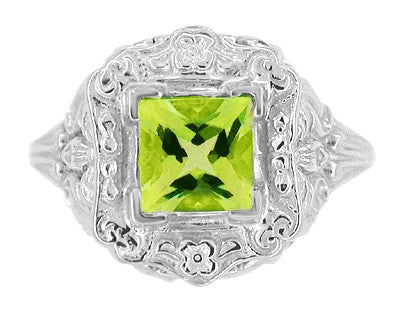 Princess Cut Peridot Art Nouveau Ring in 14 Karat White Gold - Item: R615WPER - Image: 5