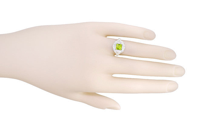 Princess Cut Peridot Art Nouveau Ring in 14 Karat White Gold - Item: R615WPER - Image: 6