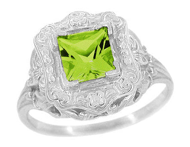 Princess Cut Peridot Art Nouveau Ring in 14 Karat White Gold - alternate view