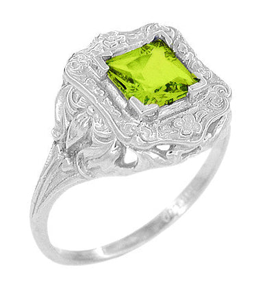 Art Nouveau Sculptural Vintage Square Peridot Ring in White Gold - R615WPER
