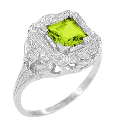 Art Nouveau Sculptural Vintage Square Peridot Ring in White Gold - R615WPER